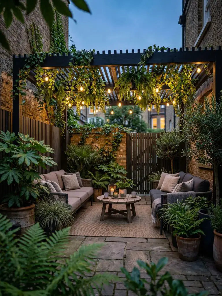 A moody urban courtyard pergola designed in a modern rustic and industrial garden style, featuring a black slatted pergola canopy layered wi.