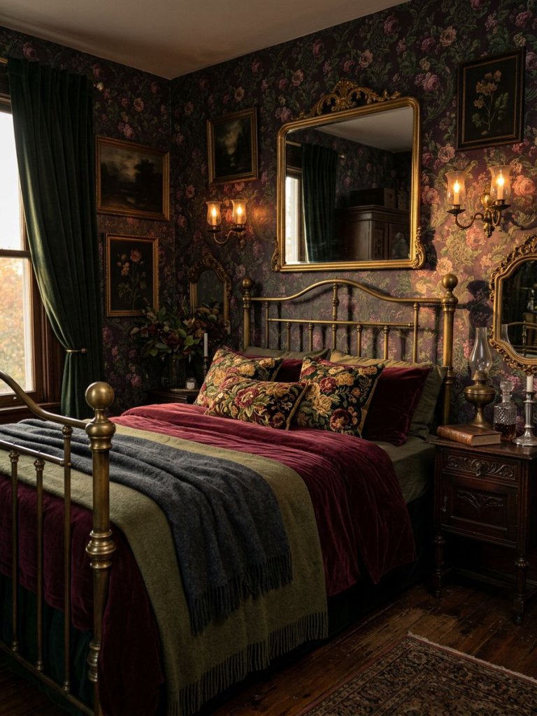 Create a moody vintage floral bedroom inspired by dramatic Victorian interiors and dark romantic aesthetics.