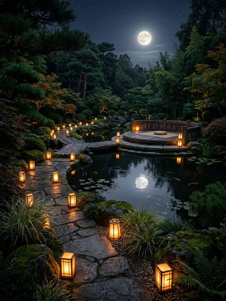 Create an enchanting nighttime meditation garden inspired by Japanese moon gardens and luxury wellness landscapes.