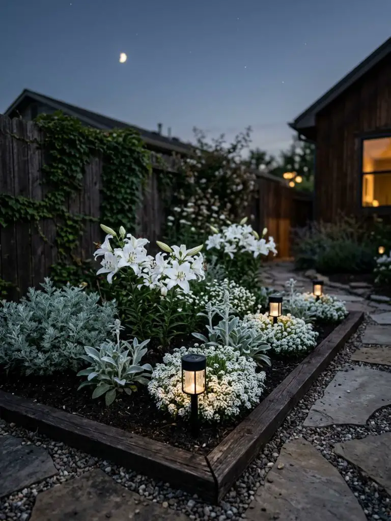 A small backyard moon garden in a United States home designed in warm minimalist and modern rustic style with white blooms.