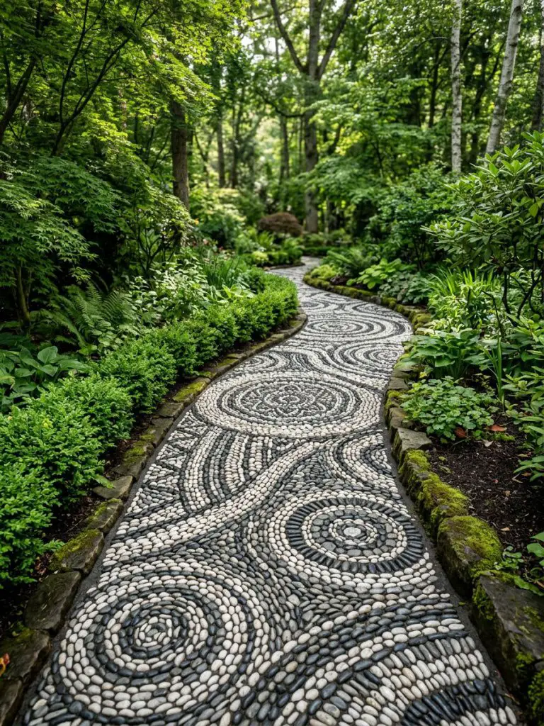 A decorative mosaic pebble walkway in a lush garden setting, styled with artistic and rustic influences.