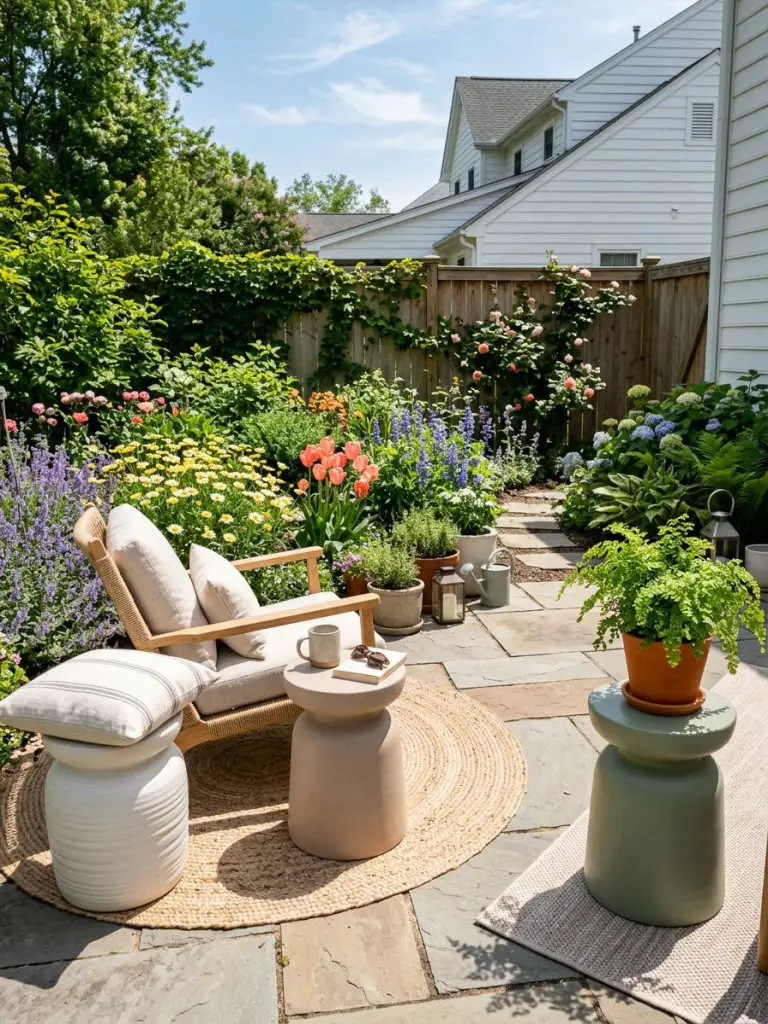 A bright sunny small backyard patio in a United States suburban garden showcasing versatile ceramic garden stools styled as seating, side ta.