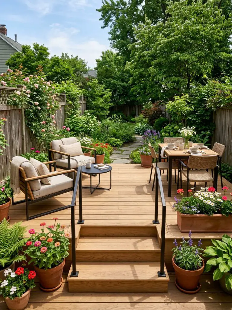 A compact backyard deck designed with multi-level or tiered decking in a small U.