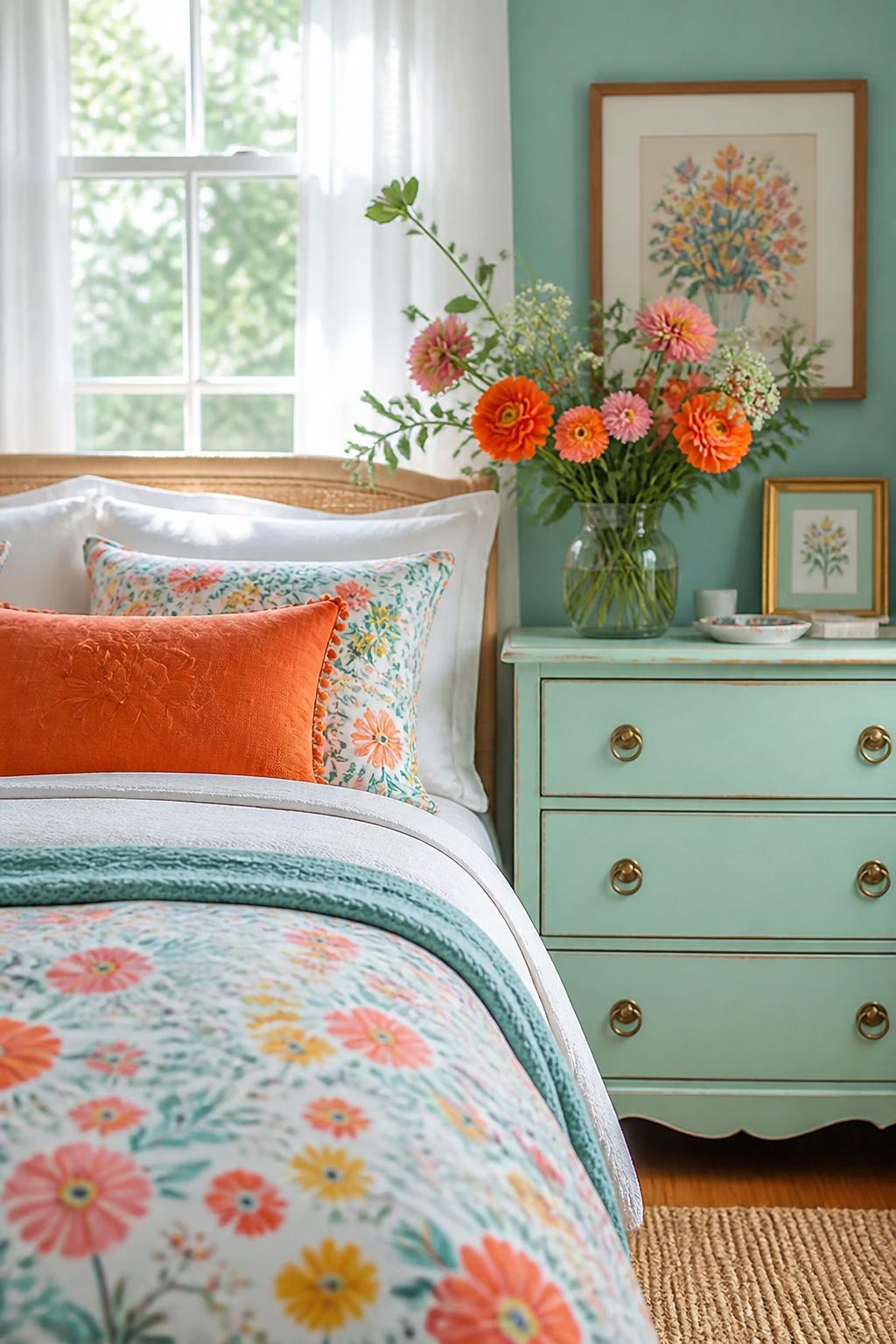 In this soft aqua bedroom, a painted vintage dresser and matching wall form a charming backdrop for a fresh compact floral motif bedding.