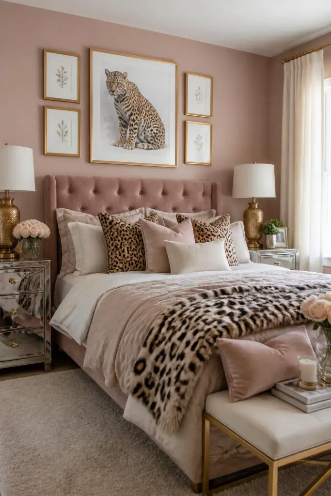 For a muted and sophisticated retreat, this bedroom pairs soft blush-pink walls with a plush pale pink tufted headboard.