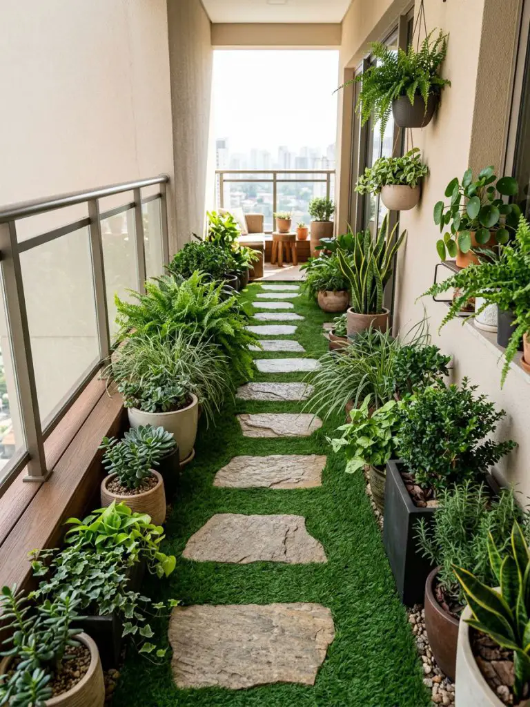 A narrow balcony transformed into a mini garden pathway with stepping stones and greenery.