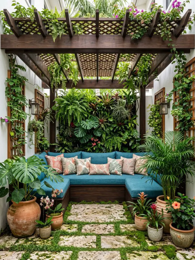 A narrow courtyard pergola designed in a tropical modern rustic style, featuring a dark walnut wood pergola overhead with lattice detailing.