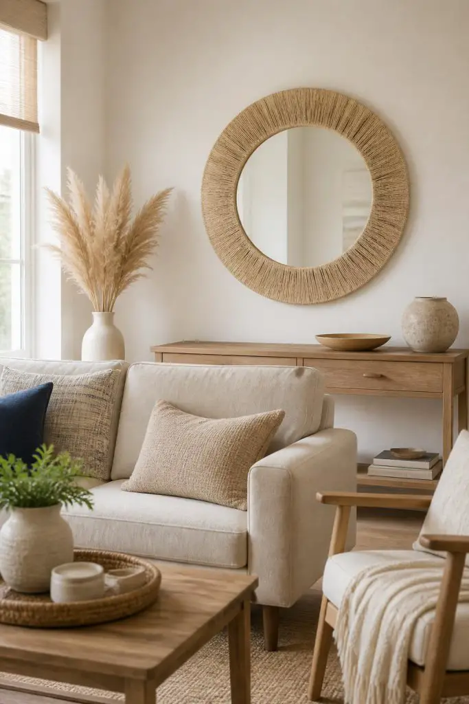 A bright, minimal boho living room showcasing a large round mirror encased in tightly curved natural fiber, hanging above a soft beige sofa.