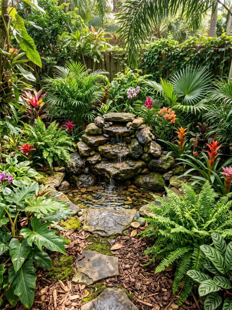 A natural rock fountain set within a lush small backyard garden filled with tropical plants like ferns, palms, and colorful flowering specie.