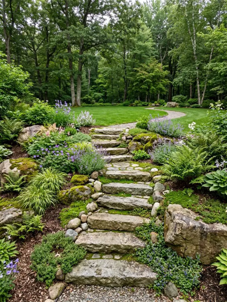 A serene sloped small rockery garden designed with rustic stone steps leading through layered greenery and natural boulders in a peaceful ba.