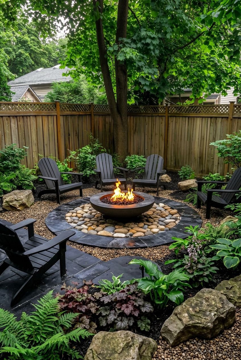 A rustic-inspired fire pit nestled under mature leafy trees, with a wide round bowl fire pit sitting on a circular patio of large decorative.