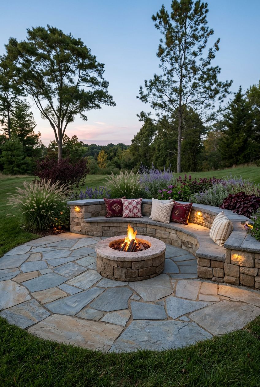 A natural stone patio arranged with a rustic round stone fire pit and semi-circular built-in bench seating, plushly topped with textured acc.