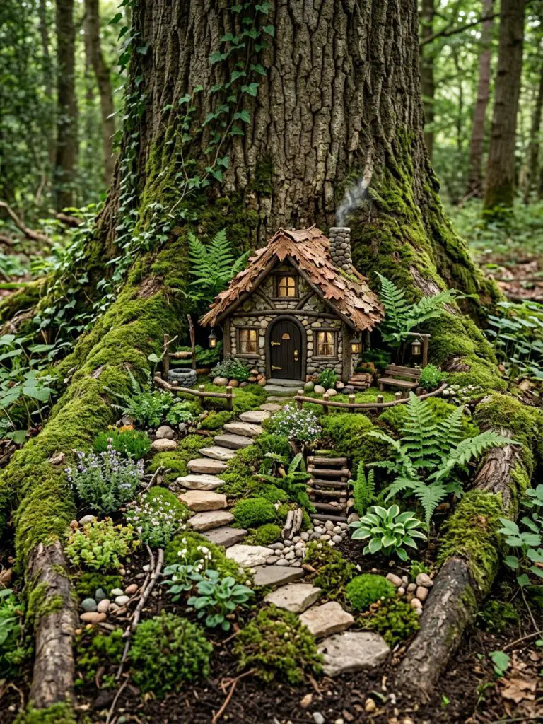 A nature-inspired fairy garden built around a tree base, styled in woodland rustic design.