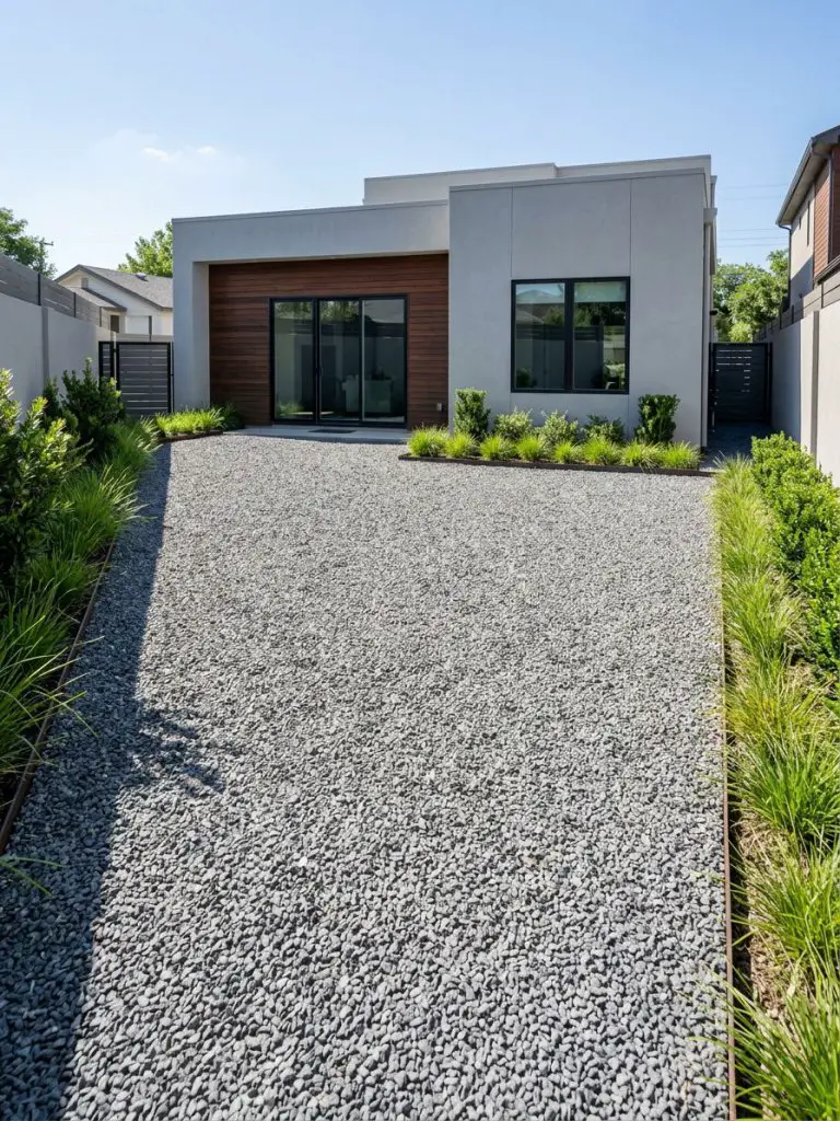 A compact courtyard-style backyard in the United States designed with a negative space gravel concept under bright sunny daylight.