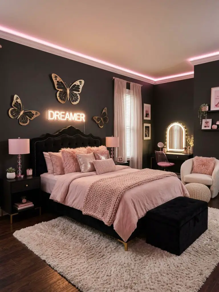 A stylish black and pink teen-inspired bedroom designed in modern glam style with cozy contemporary details and interior photography composi.