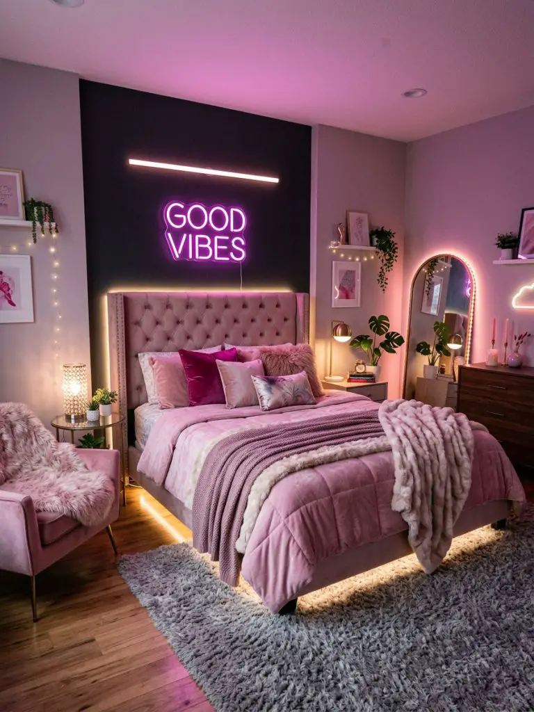 A modern neon pink aesthetic bedroom designed with cozy contemporary vibes featuring vibrant magenta lighting, plush upholstered furniture.