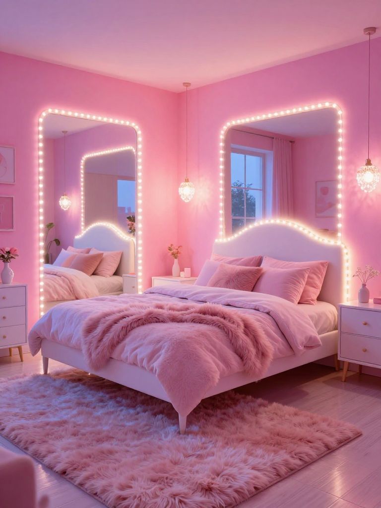 A vibrant neon pink bedroom aesthetic illuminated by glowing LED string lights and soft ambient lighting in a playful modern feminine style.