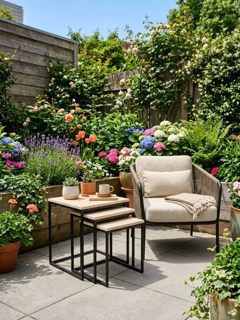 A tiny backyard patio in a United States cottage-style garden featuring elegant nesting side tables arranged beside a compact lounge chair a.