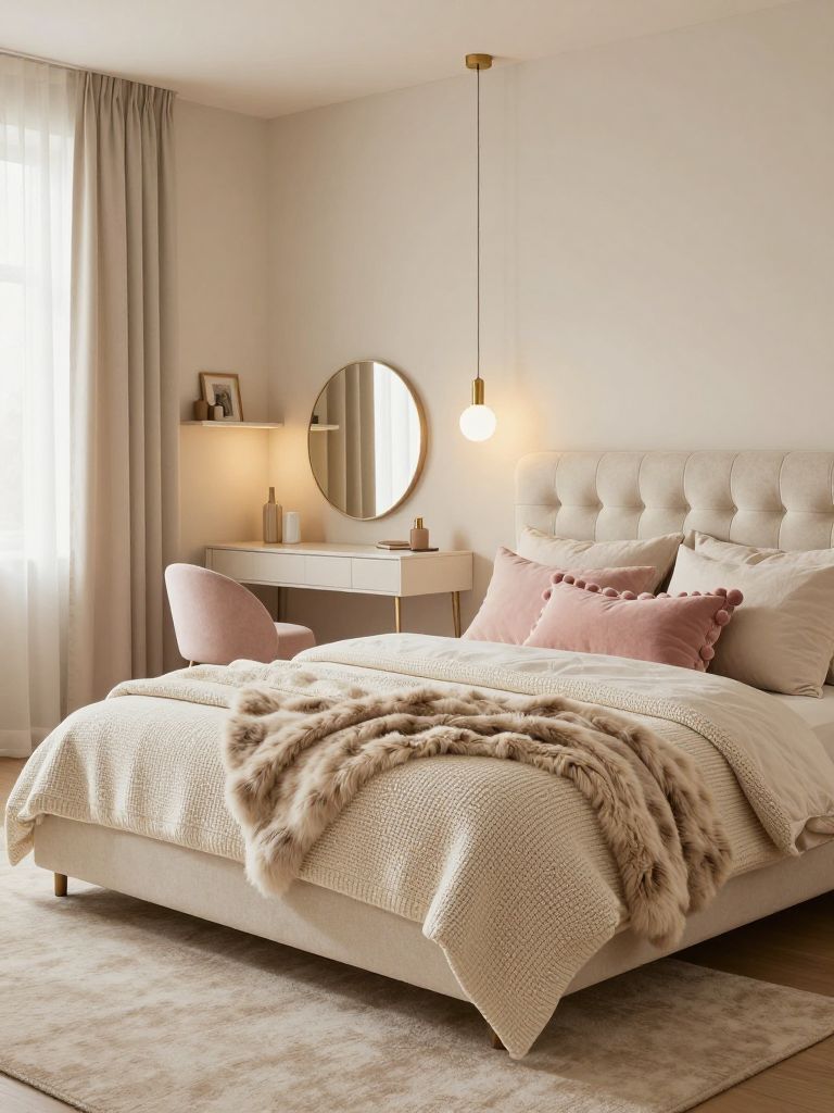 A neutral pink bedroom aesthetic with cozy minimalist styling, warm cream tones, and soft feminine accents designed for a calm and inviting.