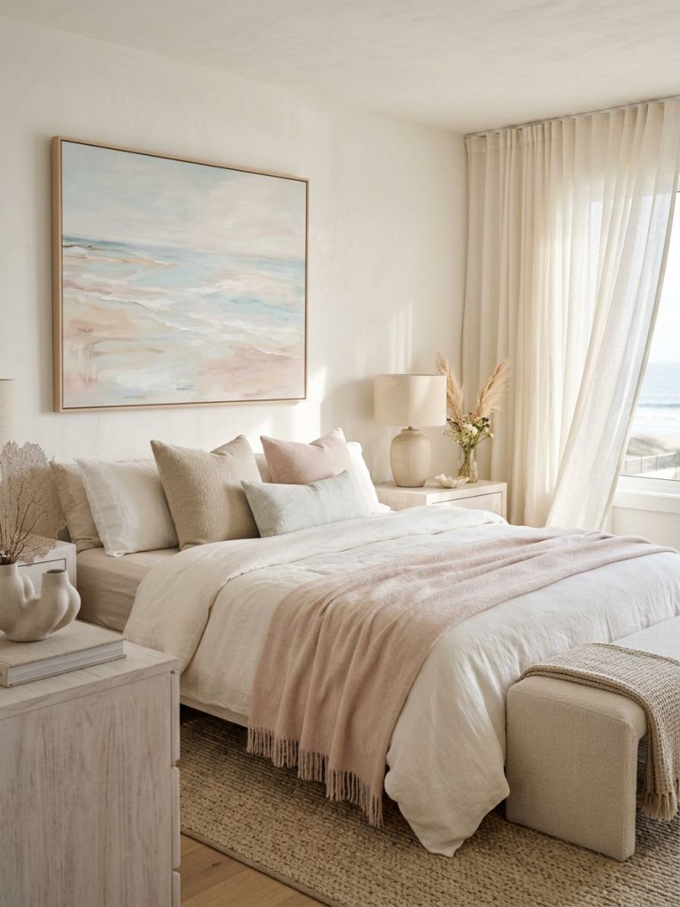 A refined neutral coastal bedroom styled with warm minimalist elegance featuring creamy white bedding layered with soft blush throws and tex.