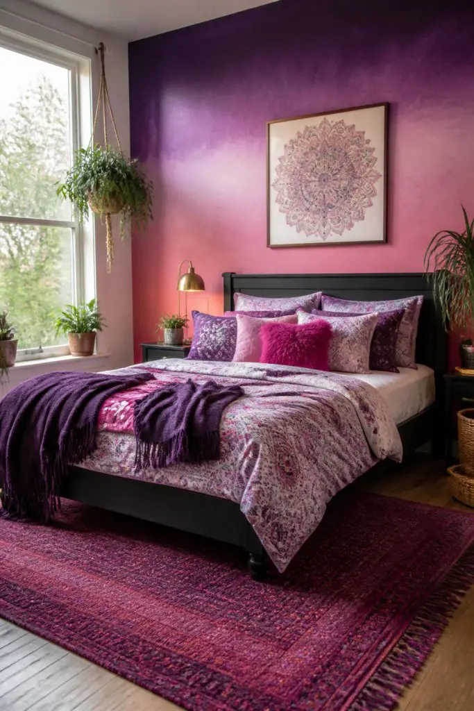 A bold modern bedroom takes shape with a striking ombre wall effect, blending vibrant purple into softer shades of pink.