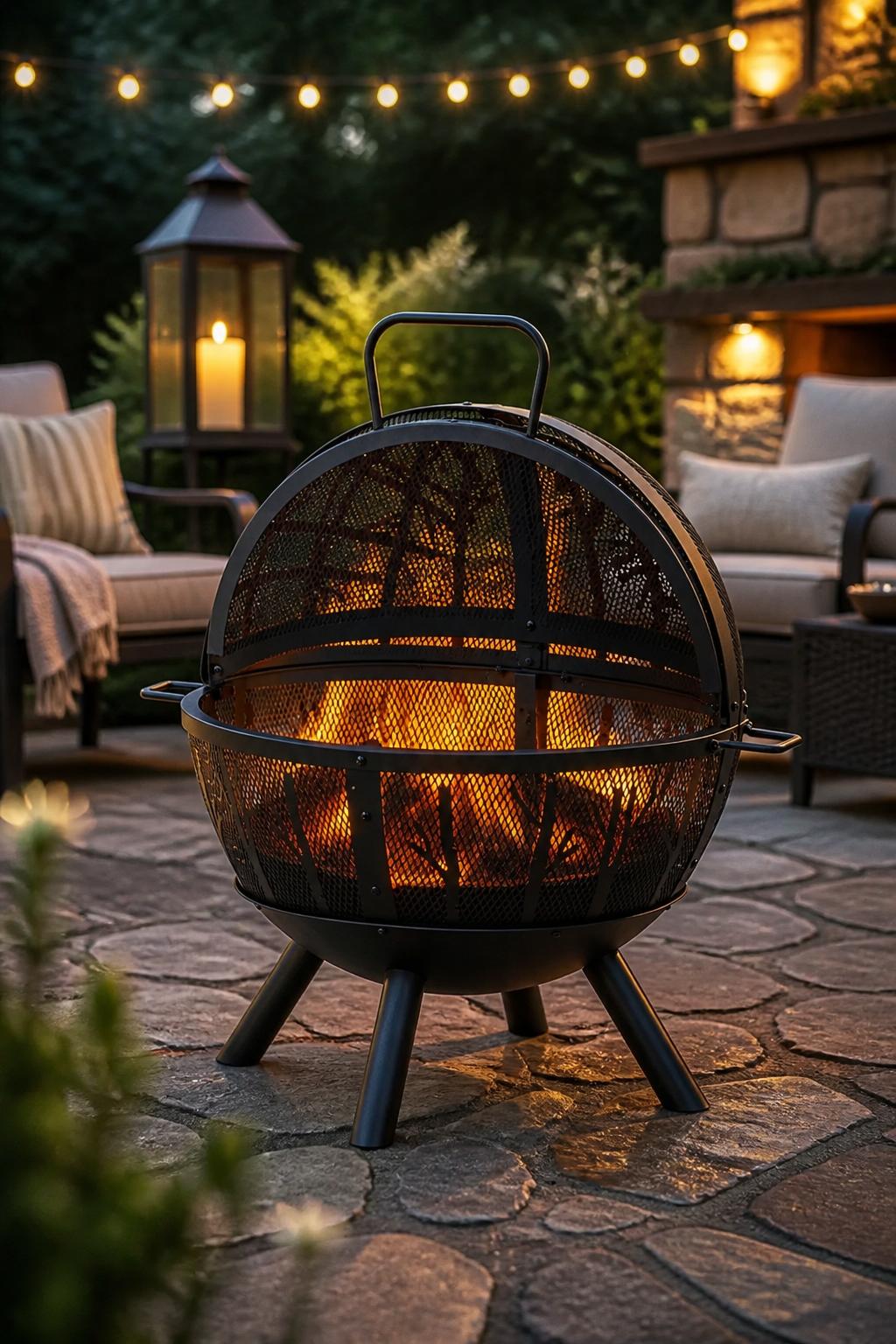 A sleek, orb-shaped black mesh metal fire pit stands on sturdy angular legs atop a flagstone patio, radiating contemporary charm.