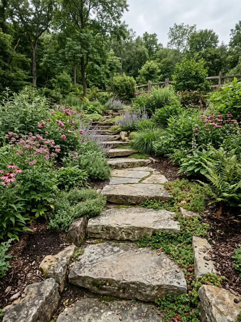 A natural garden scene with organic flagstone steps set into a gently sloping landscape, styled in a Modern Rustic aesthetic.