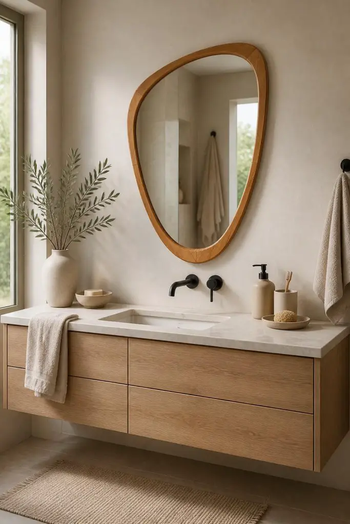 A minimal boho bathroom oasis centered around an organically-shaped, asymmetric wood-framed mirror above a floating oak vanity.