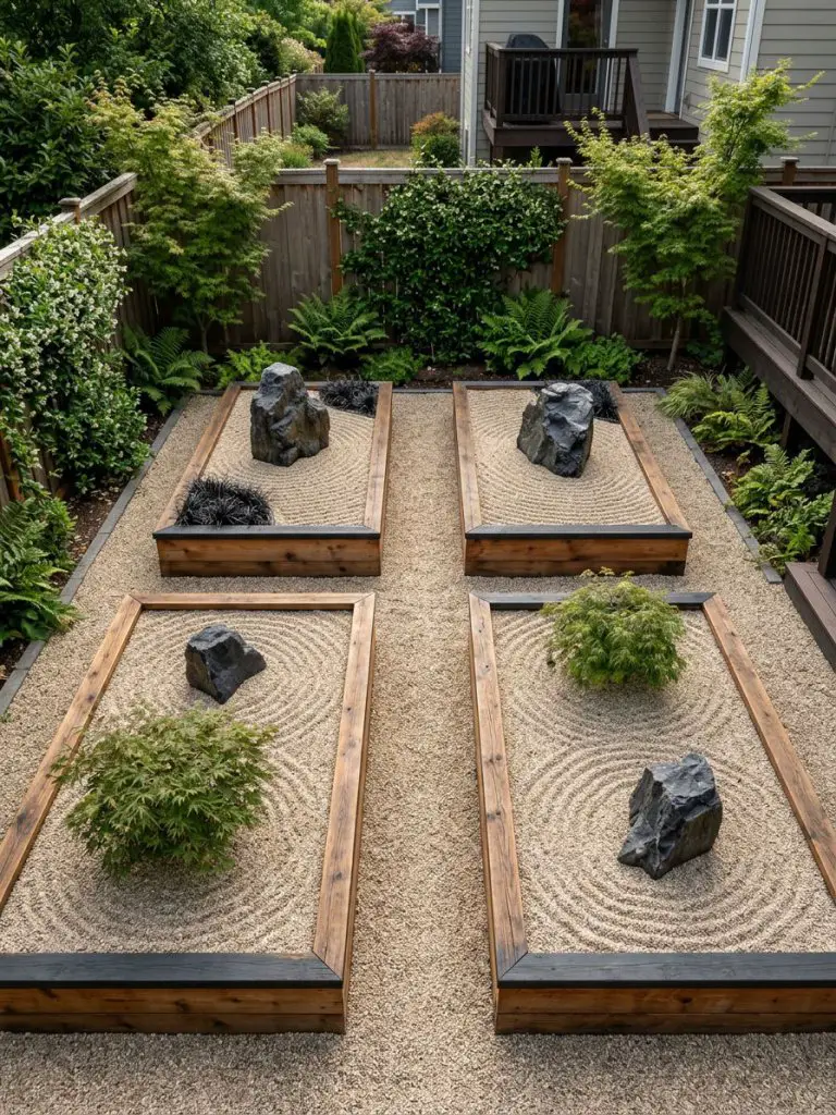 An outdoor Zen garden in a small backyard with raised gravel beds arranged symmetrically.
