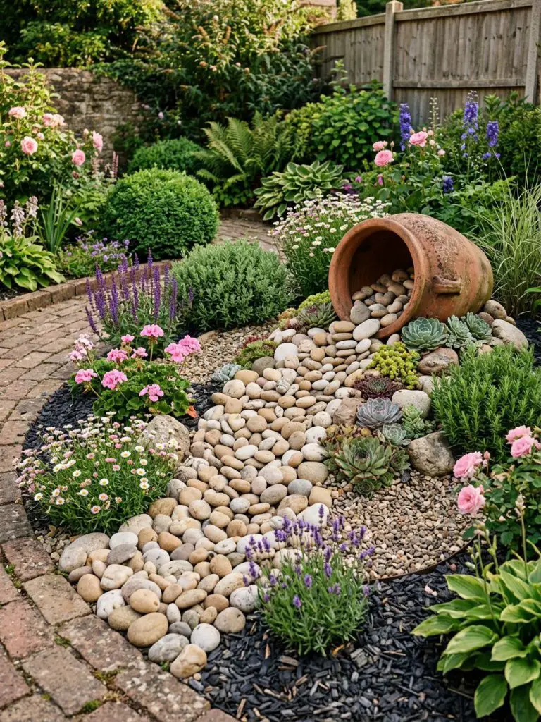 A decorative small rockery garden featuring an oversized tipped terracotta pot spilling river stones through colorful flower beds in a charm.