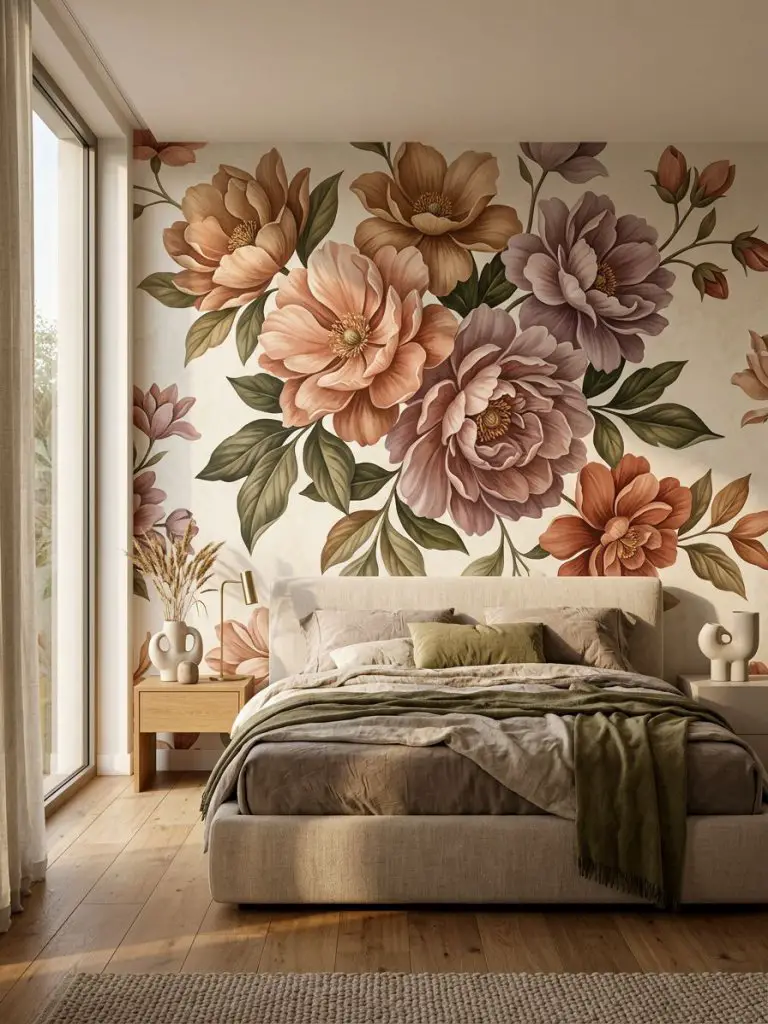 An artistic bedroom showcasing oversized floral mural wallpaper transforming the wall into a dramatic botanical canvas with giant blooming f.