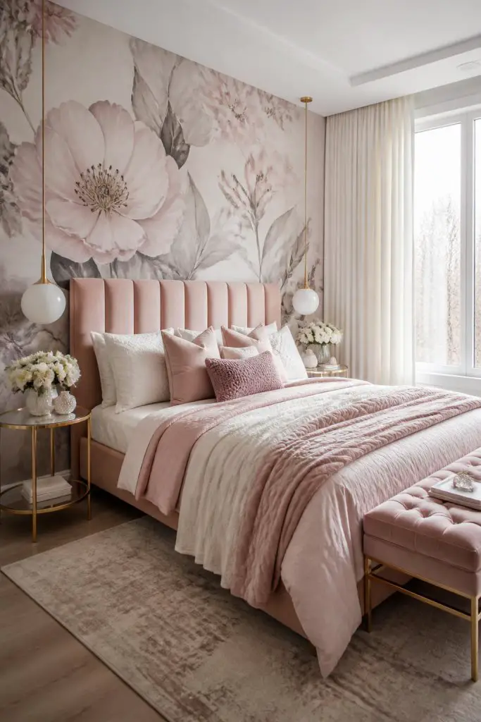 Feature a serene pink bedroom with an oversized monochrome floral wallpaper mural as the focal accent behind the bed.