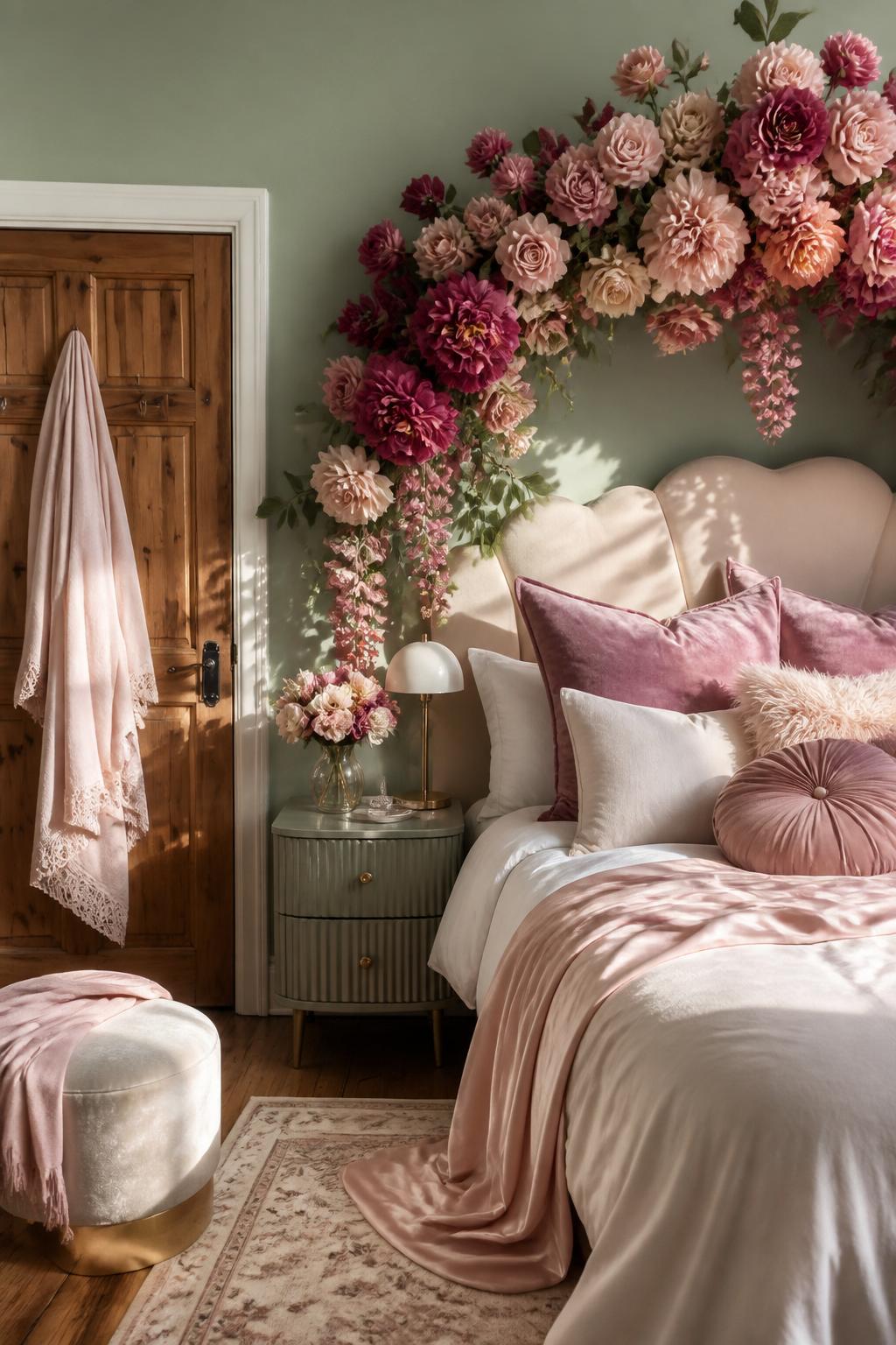 A dramatic and lush flower arch cascades over the top of a contemporary bed, densely packed with lifelike velvet roses in shades of blush, c.