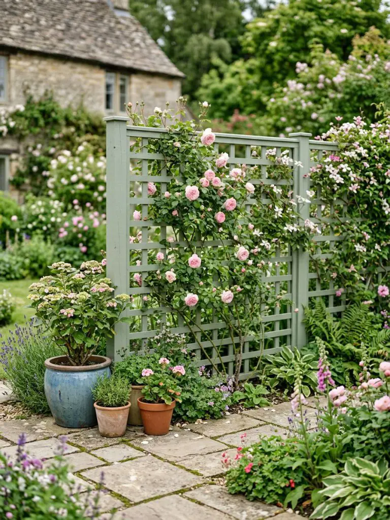 A sage green painted lattice fence with climbing flowering vines, styled in modern cottage garden design.
