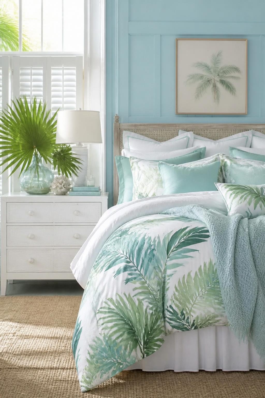 Illustrate a serene, spa-like bedroom with aqua blue walls, paneled detailing, and crisp white shutters for a fresh coastal foundation.