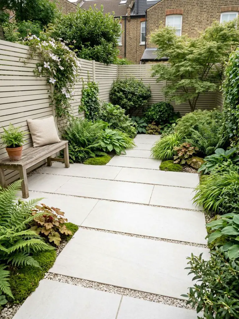 A small north-facing backyard garden featuring pale porcelain paving in a Warm Minimalist + Modern Rustic style, replacing traditional grass.