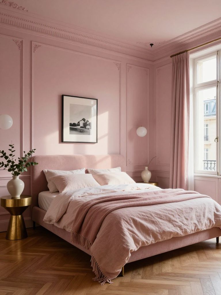 A Parisian-inspired dusty pink bedroom featuring classic wall molding, blush painted paneling, warm parquet flooring, and a low-profile upho.