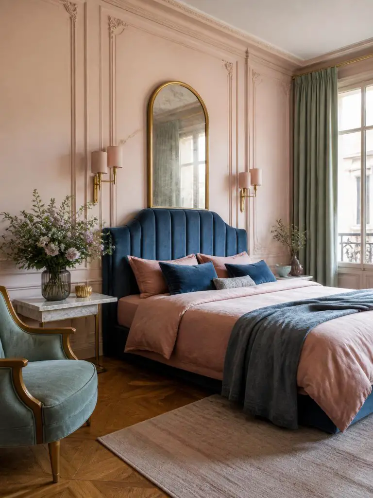 A sophisticated Parisian-inspired bedroom featuring blush pink wall paneling, dusty blue velvet accents, and muted green decor layered into.