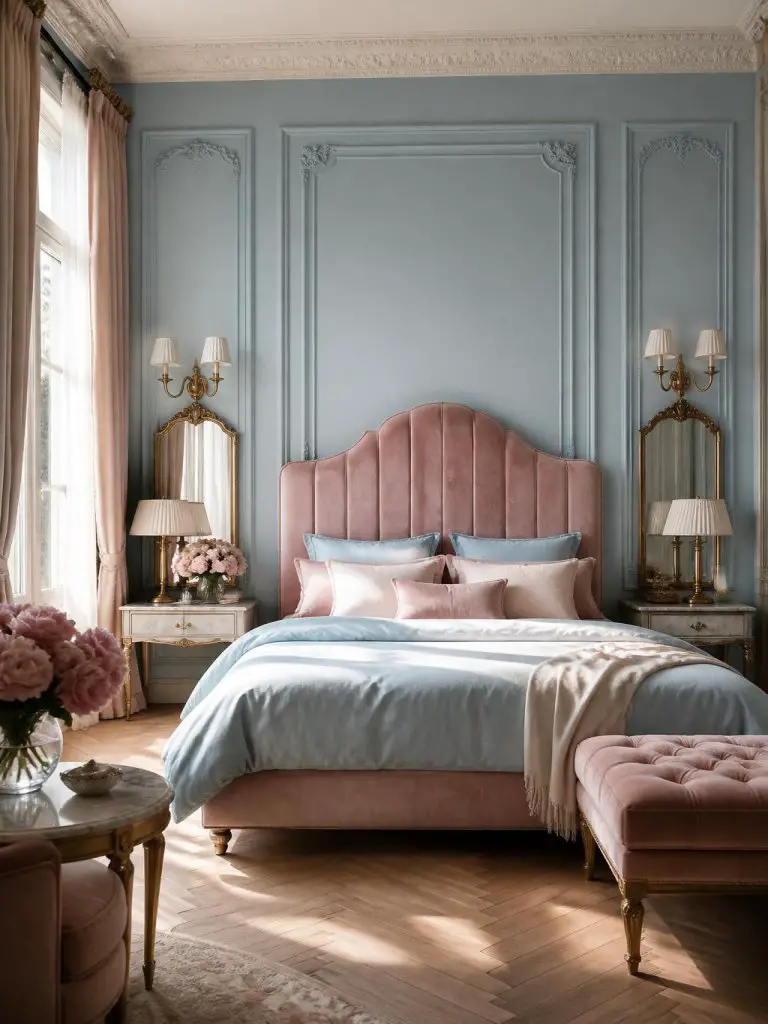 A Parisian-inspired bedroom featuring elegant wall molding painted in powder blue with dusty pink velvet accents and refined feminine stylin.