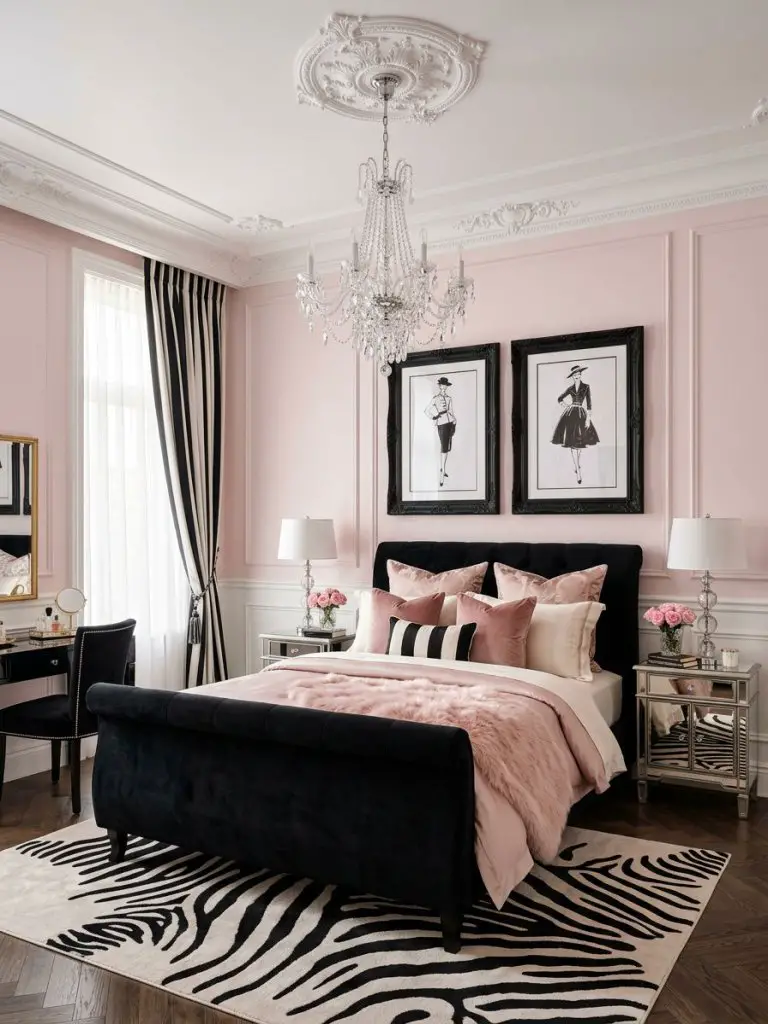 A Parisian-inspired black and pink bedroom blending classic glam interiors with feminine sophistication and interior photography styling.