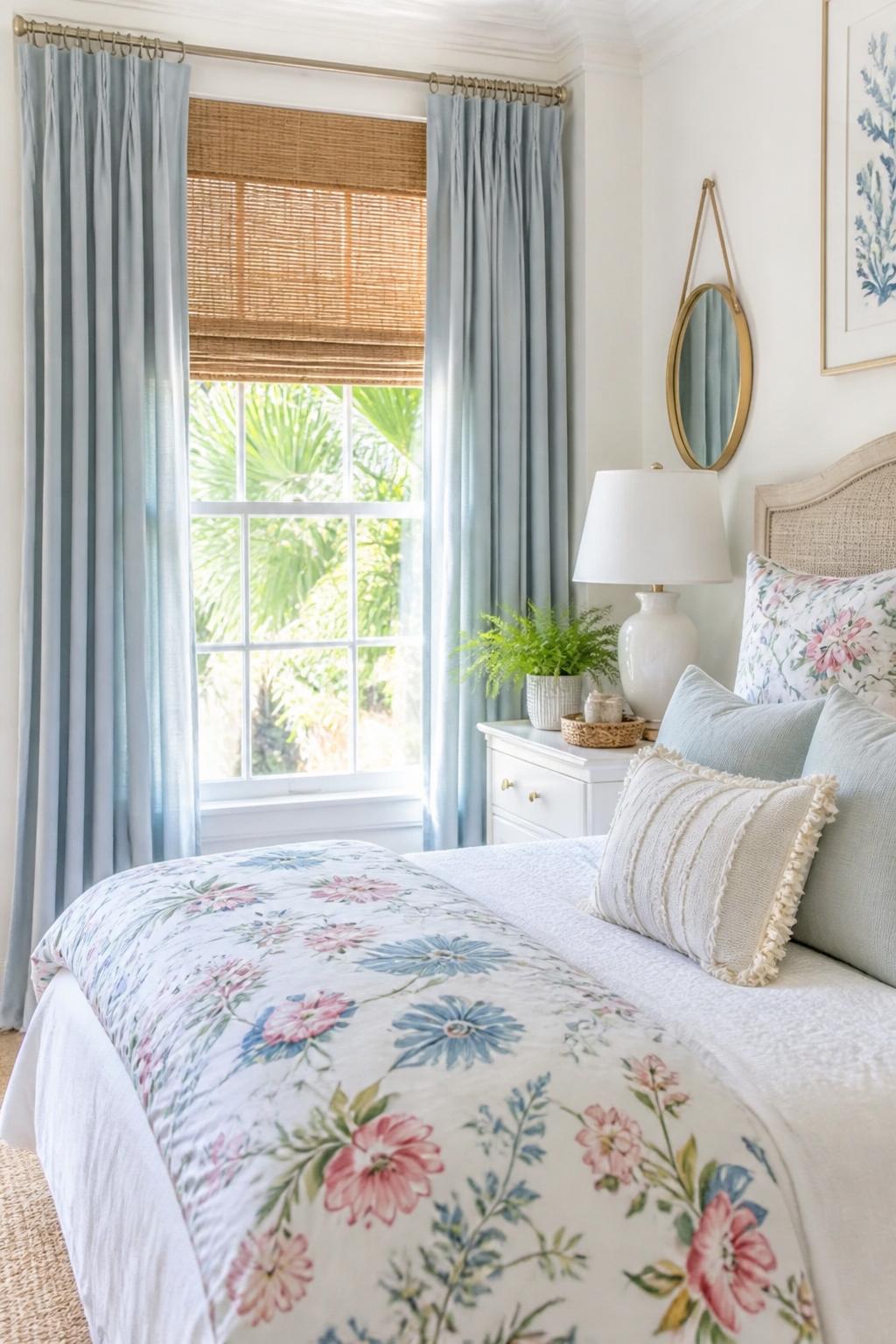 Portray a serene bedroom oasis with a white base and soft pastel blue curtains that bring a calming coastal feel.