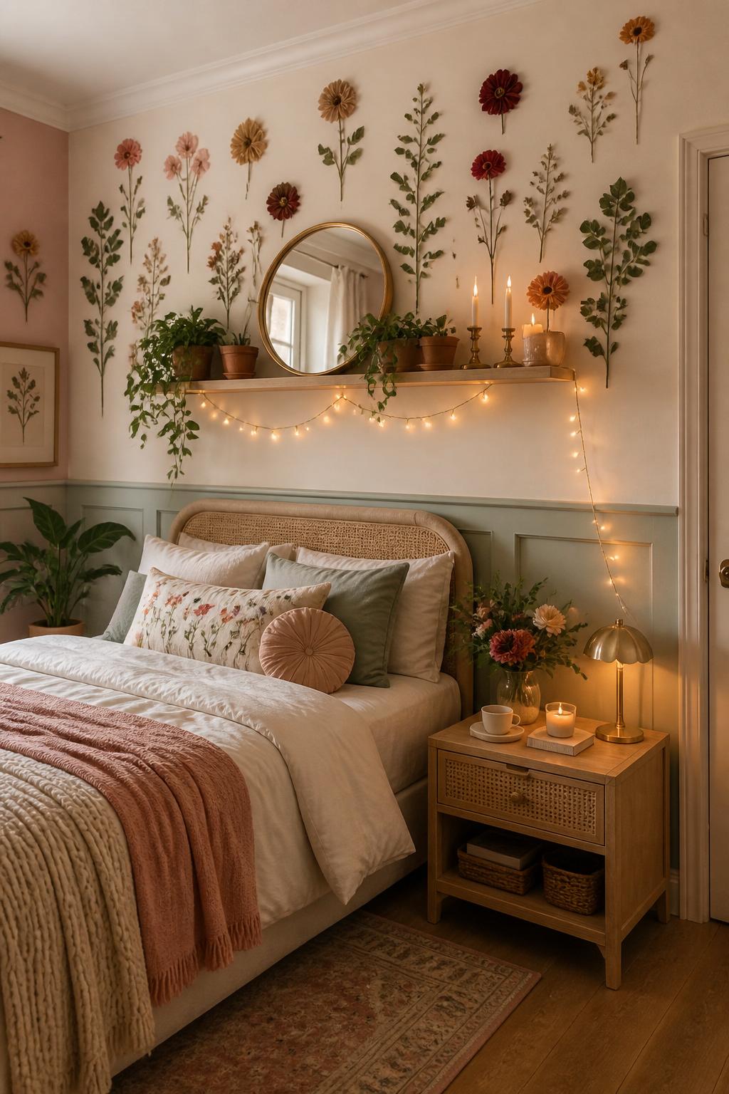 A boho-eclectic bedroom nook with a shelf above the headboard, holding plants, candles, and a decorative mirror.
