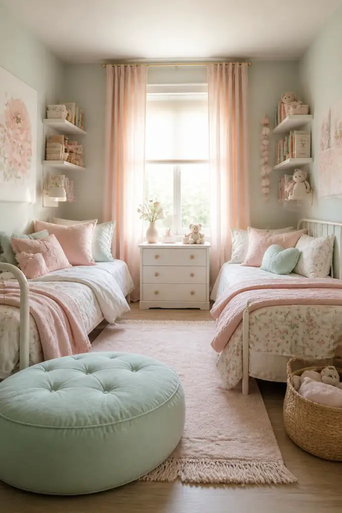 A soft and dreamy pastel shared bedroom, with peachy-pink curtains warmly framing a small window and diffusing gentle morning light.