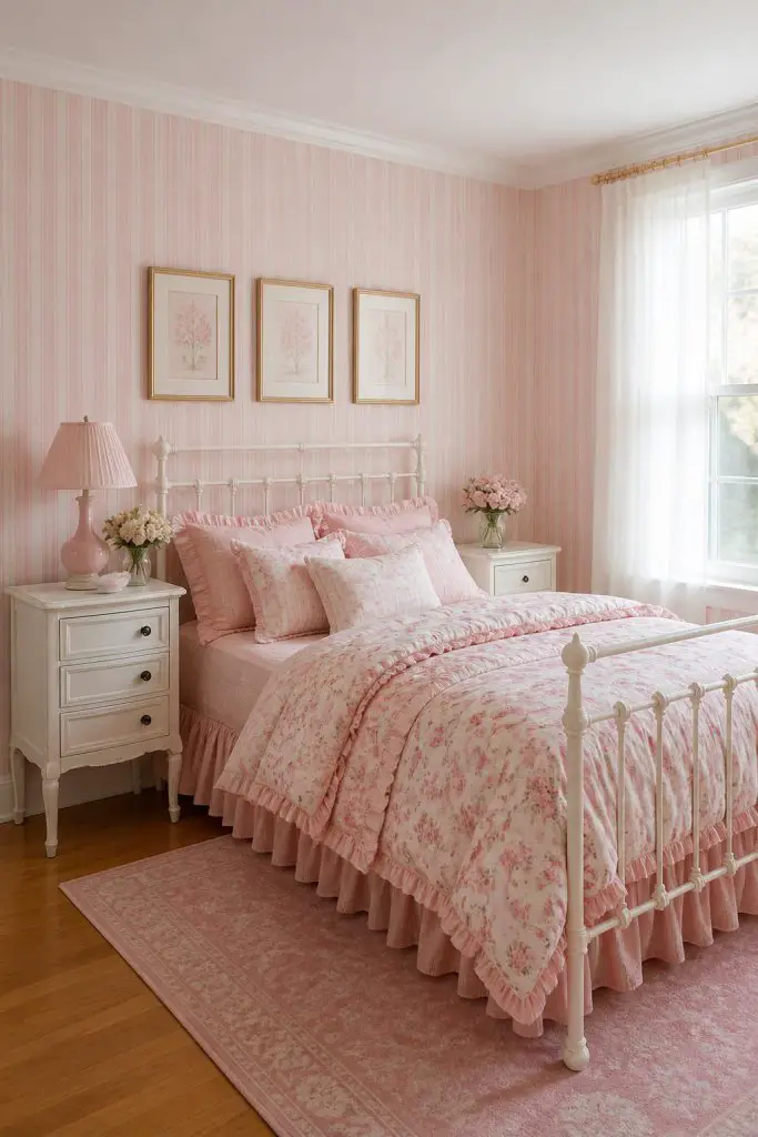 Showcase a petite bedroom enveloped in soft pink and white vertical striped wallpaper for a light, fresh atmosphere.