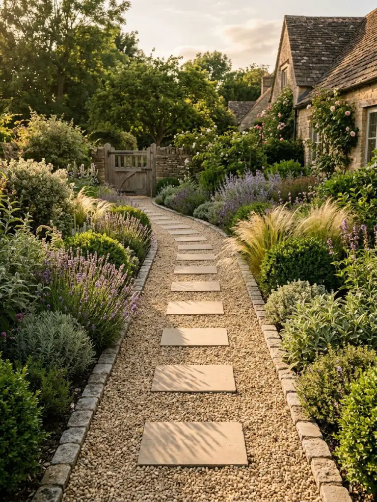 A small garden pathway made of pea gravel with neat edging, designed in a Warm Minimalist outdoor style.