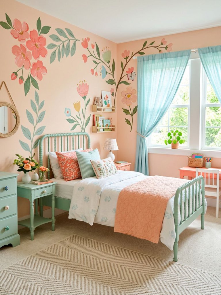A cheerful peach and aqua floral girls bedroom styled in a playful modern cottage aesthetic with oversized painted floral wall accents on bl.