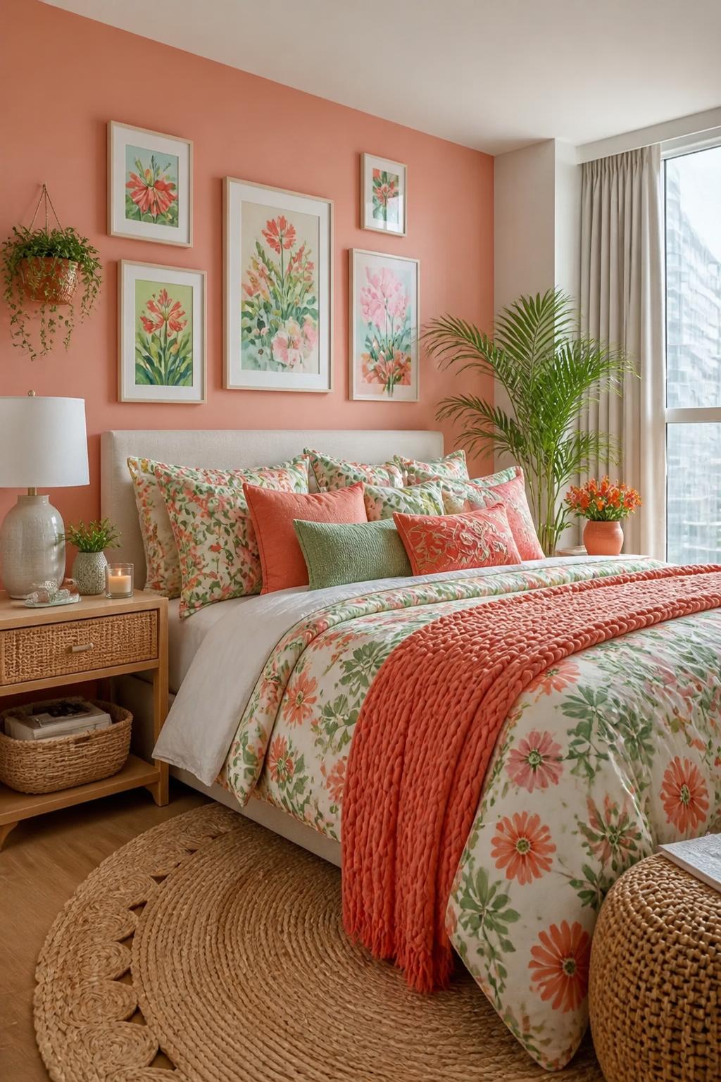 A fresh, peach-toned bedroom radiates joy with its gallery wall of vibrant floral art and watercolor-inspired prints.
