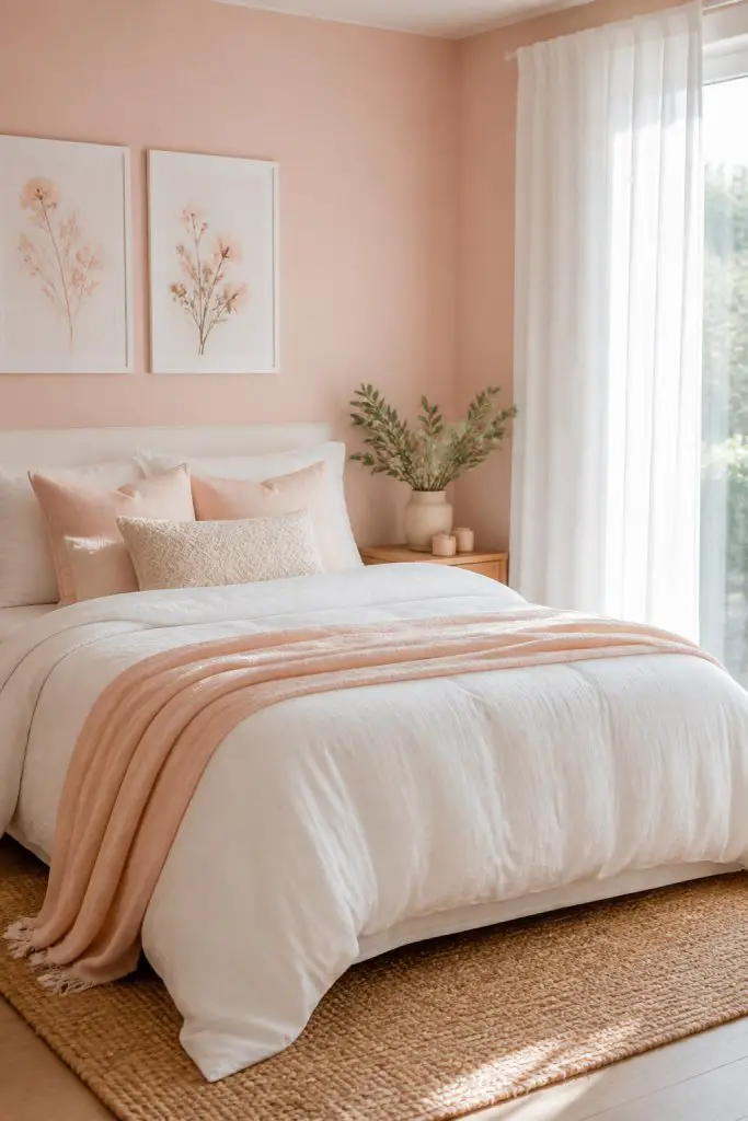 Showcase a small bedroom in a soft peachy-pink palette, blending understated pastel walls with white window drapes for a tranquil, minimal s.
