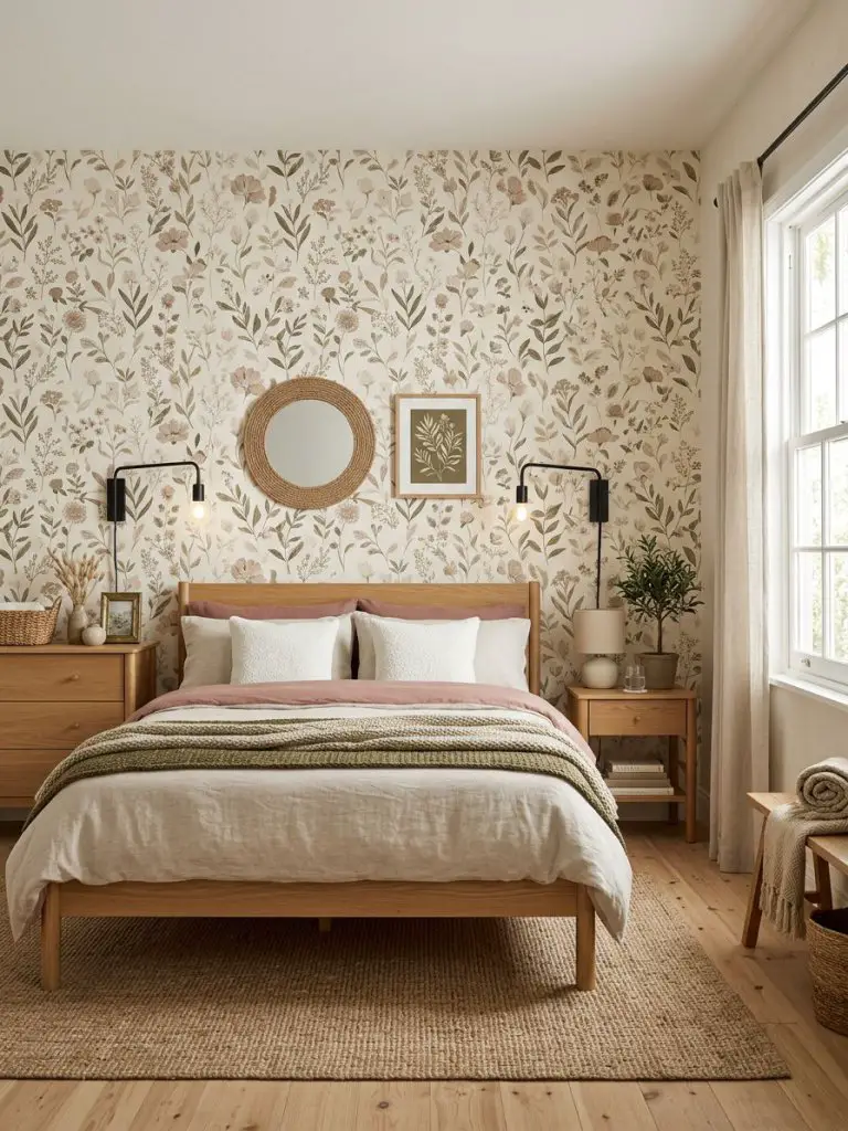 A stylish renter-friendly bedroom featuring peel and stick floral wallpaper in a soft contemporary botanical pattern with muted beige, dusty.