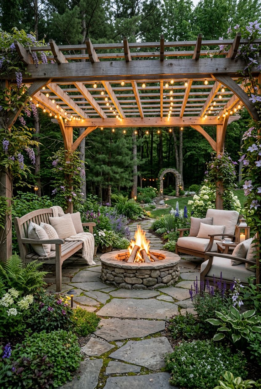 A magical fire pit nook beneath a natural wood pergola, with fairy lights strung across the open lattice roof.